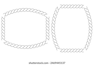 Vector rope frames. Silhouette borders are round, oval, and square. Pack of isolated elements on a white background.