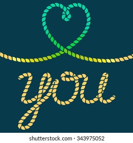 Vector rope heart shape, marine vintage style illustration. Valentines day greeting card design