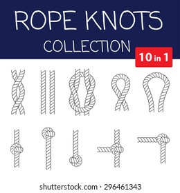 Vector rope knots collection. Overhand, figure of eight and square knot. Seamless decorative elements