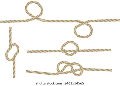 Vector rope knots. Nautical tying techniques. Beige twisted ropes. White background illustration.