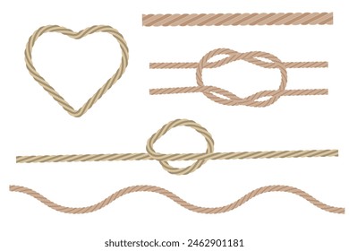 Vector rope knots. Nautical tying techniques. Beige and brown. White background illustration.