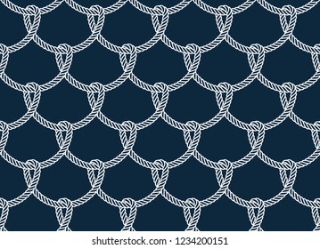 Vector ropes, fishing net, seamless. Blue background