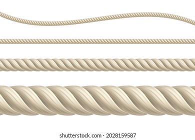 Vector ropes illustration EPS10. Isolated realistic brown ropes set. Thick, thin, straight and wavy cord