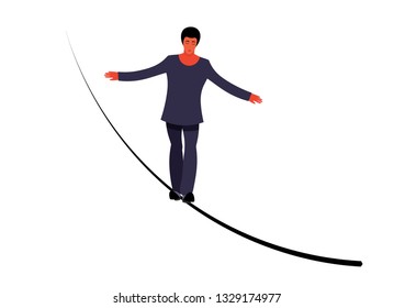 Vector ropewalker walker on a long rope on a white background. Balancing funambulist in leotard, circus artist. The figure of a young tightrope-dancer. Circus illustration vector wire-dancer