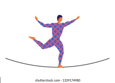 Vector ropewalker walker on a long rope on a white background. Balancing funambulist in leotard, circus artist. The figure of a young tightrope-dancer. Circus illustration vector wire-dancer