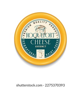 Vector Roquefort Cheese round labels and packaging design template, cheese detailed icons. Dairy product illustration for dairies, package and groceries branding.