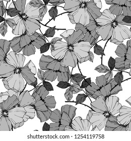 Vector Rosa canina. Floral botanical flower. Wild spring leaf wildflower isolated. Black and white engraved ink art. Seamless background pattern. Fabric wallpaper print texture.