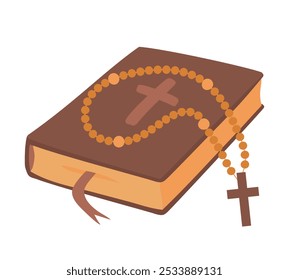 Vector rosary beads lie on the bible. Sacred attributes for Catholics and Orthodox in cartoon style. Rosary beads for prayer and reflection on God of Christians. Holy Scripture on white background.