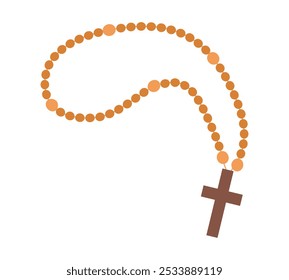 Rosario de Vector en estilo de dibujos animados. Rosario de oración y reflexión sobre Dios de los cristianos. Atributo sagrado para católicos y ortodoxos. Bowline de madera con una cruz sobre un fondo blanco.