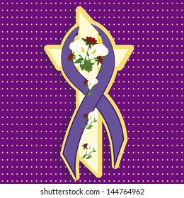 vector rosary and cross with lilies, a tape enclosure with gold dots and purple background