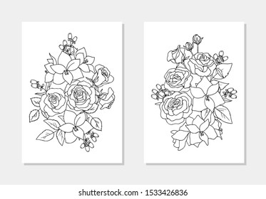 vector rose amarilis lily berry flowers leaf bouquet coloring book outline 