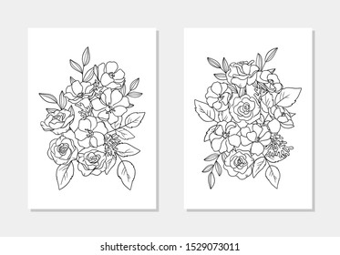 vector rose anemone flowers leaf coloring book outline bouquet