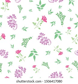 Vector rose and bail flower with leafs seamless pattern background