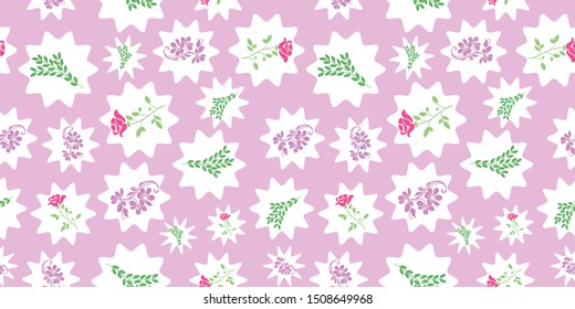 Vector rose, bail and green leafs with white zigzag circle seamless pattern background