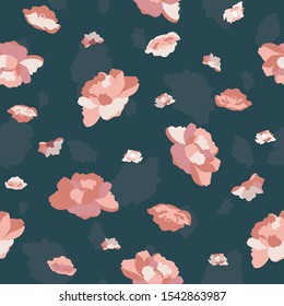 Vector Rose Blooms in different directions on Dark Green seamless pattern background.