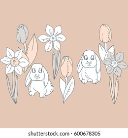 vector rose blue color rabbit bunny pattern with tulips and daffodils