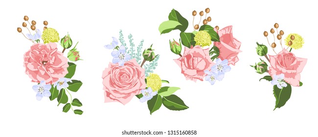 Vector Rose Bouquet, Vintage Floral Decoration. Invite Card Design in Rustic Style. Hand Drawn Watercolor Roses, Bouquet of Flowers and Green Leaf. Romantic Summer Garden Wreath of Pink Isolated Rose.