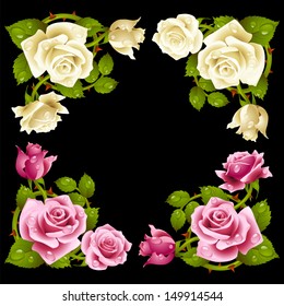 Vector rose corner isolated on black background. Pink and white flowers