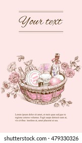 Pancarta vertical de color rosa vectorial. Esbozar estilo gráfico. Diseño para cosméticos naturales orgánicos, maquillaje, tienda, salón de belleza, productos, productos sanitarios, aromaterapia. Con lugar para texto