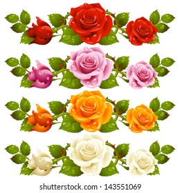 Vector rose design elements isolated on background. Red, pink, yellow and white flowers