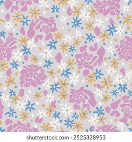 Vector rose with ditsy floral illustration seamless repeat pattern