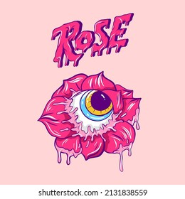 Vector Rose with eye illustration for streetwear design. Hype rose with melted gummy. Grime illustration vector. 