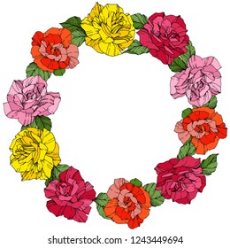 Vector Rose. Floral botanical flower. Wild spring leaf. Red, pink and yellow engraved ink art. Frame border ornament wreath.