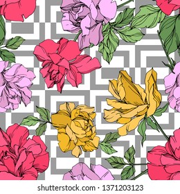 Vector Rose floral botanical flower. Wild spring leaf wildflower isolated. Yellow, red and violet engraved ink art. Seamless background pattern. Fabric wallpaper print texture.