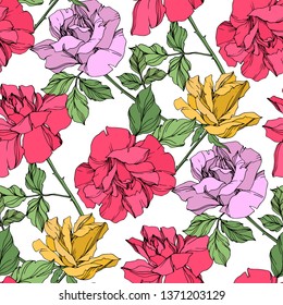 Vector Rose floral botanical flower. Wild spring leaf wildflower isolated. Yellow, red and violet engraved ink art. Seamless background pattern. Fabric wallpaper print texture.