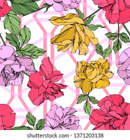 Vector Rose floral botanical flower. Wild spring leaf wildflower isolated. Yellow, red and violet engraved ink art. Seamless background pattern. Fabric wallpaper print texture.