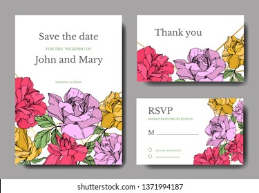 Vector Rose floral botanical flower. Black and white engraved ink art. Wedding background card floral decorative border. Thank you, rsvp, invitation elegant card illustration graphic set banner.