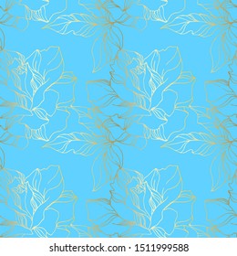 Vector Rose floral botanical flowers. Wild spring leaf wildflower isolated. Blue and gold engraved ink art. Seamless background pattern. Fabric wallpaper print texture.