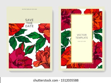 Vector Rose floral botanical flowers. Red and green engraved ink art. Wedding background card floral decorative border. Thank you, rsvp, invitation elegant card illustration graphic set banner.