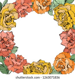 Vector Rose floral wreath on white background. Floral botanical flower. Yellow, orange and coral engraved ink art.