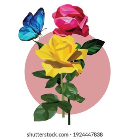 Vector rose flower and butterfly illustration with polygonal design. Gradient, background.