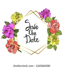 Vector Rose flower golden crystal frame. Coral, yellow and purple engraved ink art. Geometric crystal polyhedron shape on white background. Save the Date handwriting monogram calligraphy.