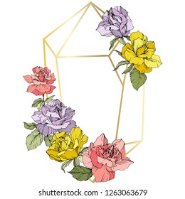 Vector Rose flower golden crystal frame. Pink, yellow and purple engraved ink art. Geometric crystal polyhedron shape on white background.