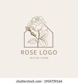 Vector rose flower logo. Nature logo design in linear style, monogram template concept - floral frame with copy space for text - emblem for fashion, spa. Linear rose logotype graphic sign.