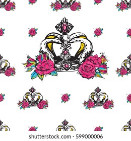 Vector rose flower and luxury queen crown seamless pattern. Fashion illustration, patches, stickers. Hand sketched royal background in vogue style.