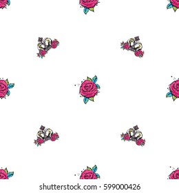 Vector rose flower and luxury queen crown seamless pattern. Fashion illustration, patches, stickers. Hand sketched royal background in vogue style.