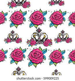 Vector rose flower and luxury queen crown seamless pattern. Fashion illustration, patches, stickers. Hand sketched royal background in vogue style.