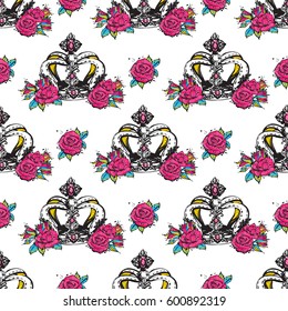 Vector rose flower and luxury queen crown seamless pattern. Fashion illustration, patches, stickers. Hand sketched royal background in vogue style.