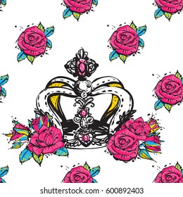 Vector rose flower and luxury queen crown seamless pattern. Fashion illustration, patches, stickers. Hand sketched royal background in vogue style.