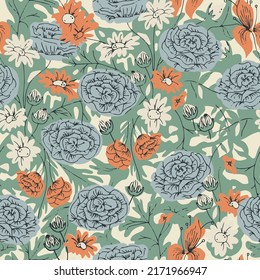 Vector rose flower pen drawing illustration seamless repeat pattern fashion and home decor print digital artwork