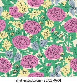 Vektorrosen-Blumen-Stift-Zeichnung Illustration nahtlose Wiederholmuster Mode und Home-Dekor digitale Kunstwerke drucken