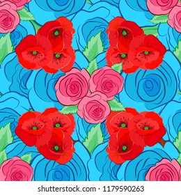 Vector rose flower seamless pattern in pink, blue and red colors.