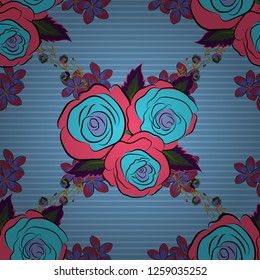 Vector rose flower seamless pattern in blue, pink and red colors.