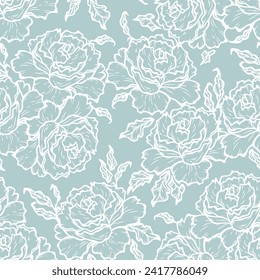 Vector Rose Flower Seamless Pattern. Flowers and Leaves. Beautiful Bouquet of Summer garden flowers. Floral Light Blue Background. Plants Wallpaper.