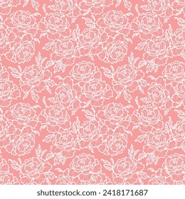 Vector Rose Flower Seamless Pattern. Flowers and Leaves. Beautiful Bouquet of Summer garden flowers. Floral Pink Background. Plants Wallpaper.