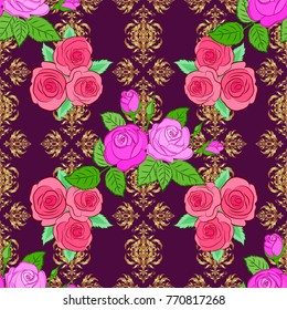 Vector rose flower seamless pattern in pink and purple colors.